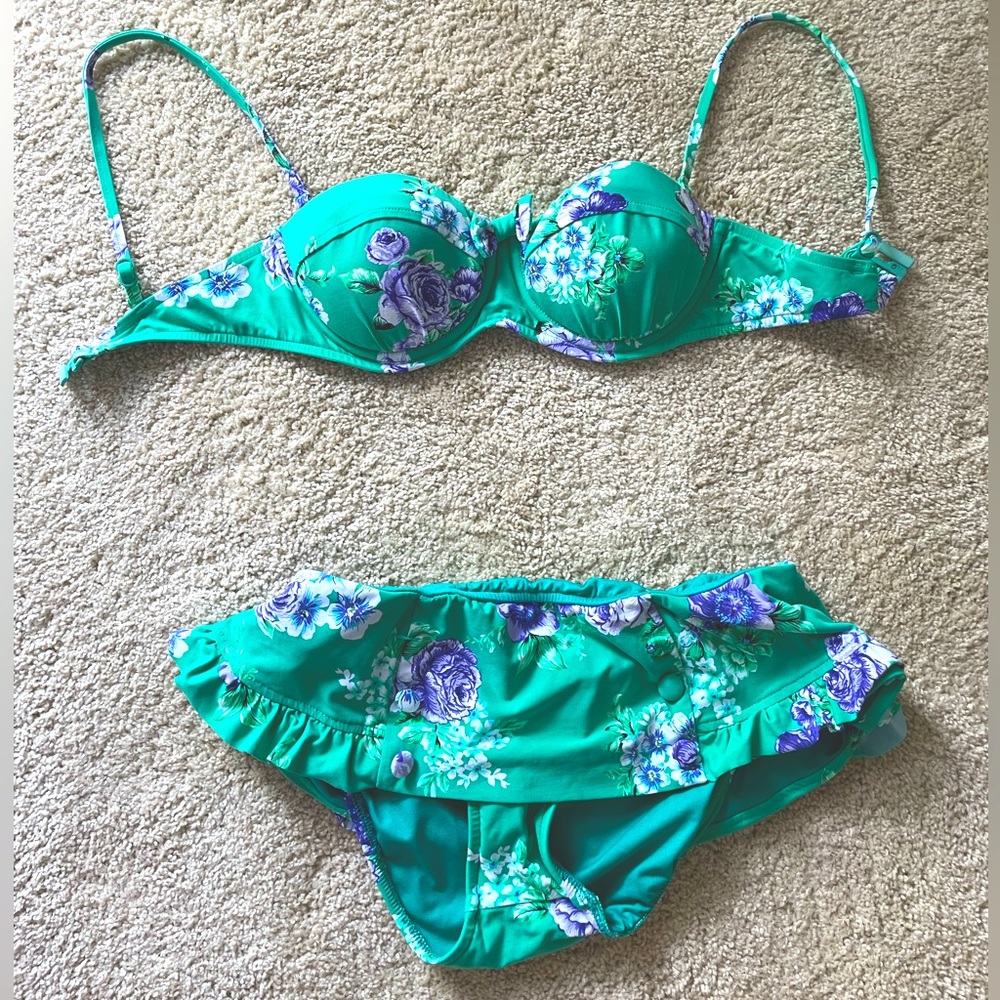 Seafolly skirted bikini green floral with push-up top